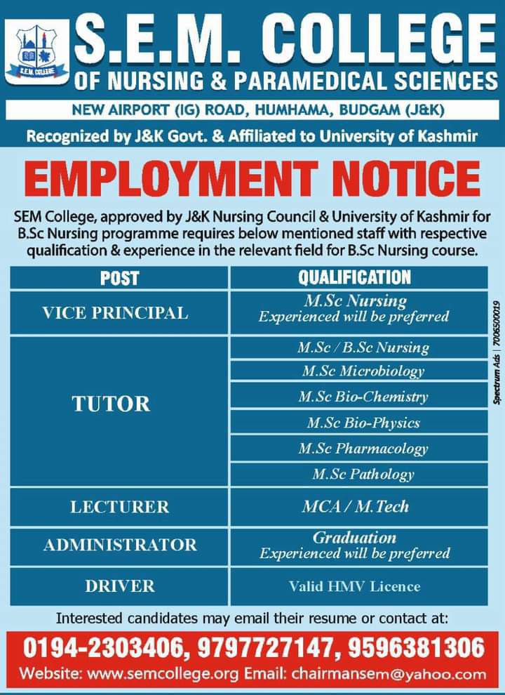 Employment Opportunities at S.E.M. College of Nursing &amp; Paramedical Sciences